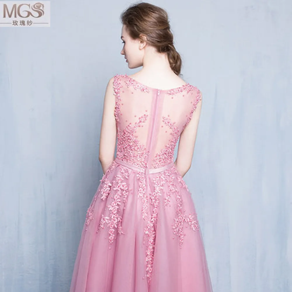 2016 MGS A-Line Scoop Tea-Length Crepe Stylish Bridesmaid Dresses Appliqued Beading Pearls Sexy See Through Back Bridal Gown |