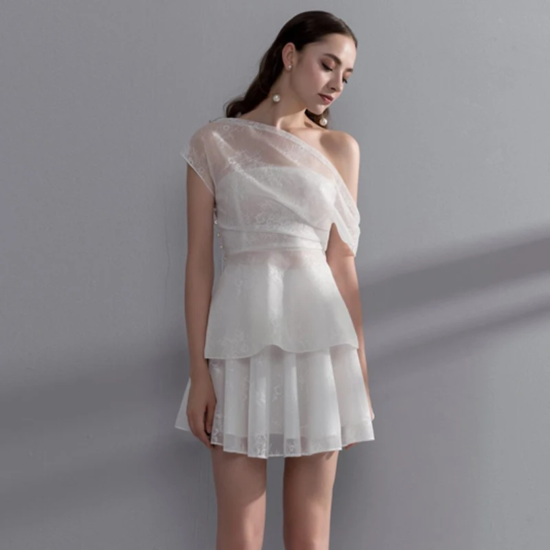 INDRRESSME 2019 Women Outfit Party Dress Off the Shoulder Mesh Ruffle Mini White Clothing With Pearl Detailing | Женская одежда