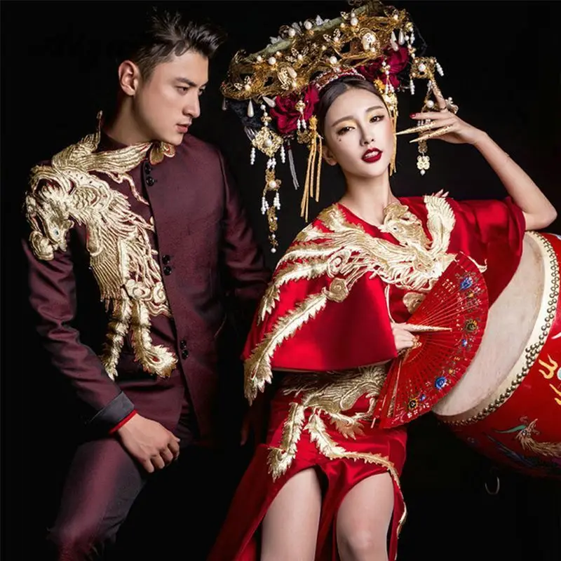 Красный в китайском стиле с вышивкой Свадебные платья для женщин пикантные