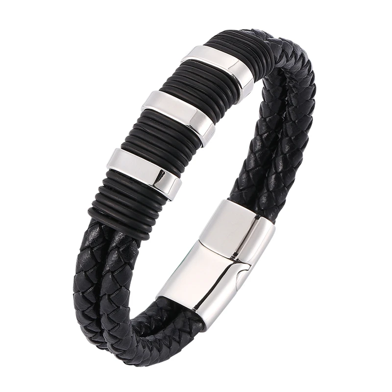

Fashion Men Bracelet Male Jewelry Braided Leather Rope Bracelet Stainless Steel Magnetic Buckle Bangles Handmade Wristband PW805