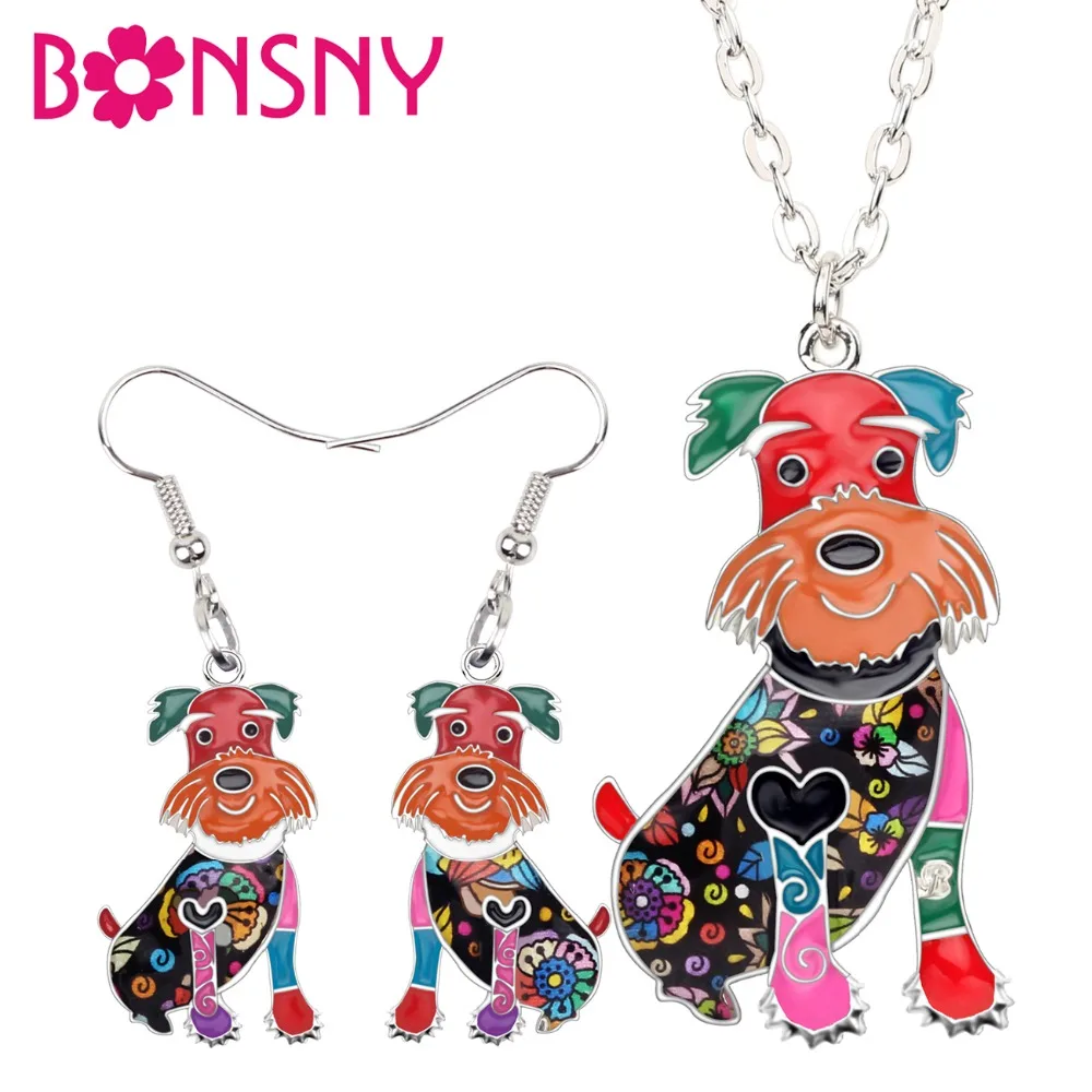 Bonsny эмалированный сплав Happy Schnauzer серьги с собаками ожерелье воротник милые