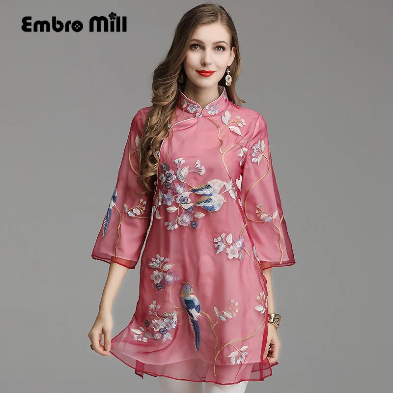 Embro Mill винтажная блузка с вышивкой рубашка в китайском стиле летняя рукавом 3/4