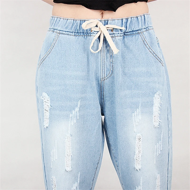 

XL-5XL Autumn Plus size Women Ripped Jeans Casual Elastic Wiast Hole Harem Jean Trouser Ankle-Length Female Large Denim Pants