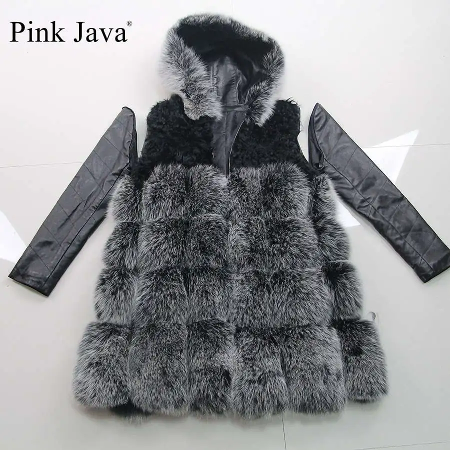 Pink Java QC8095 FREE SHIPPING natural fox fur long coat real vest with Detachable sheep leather sleeve hood | Женская одежда