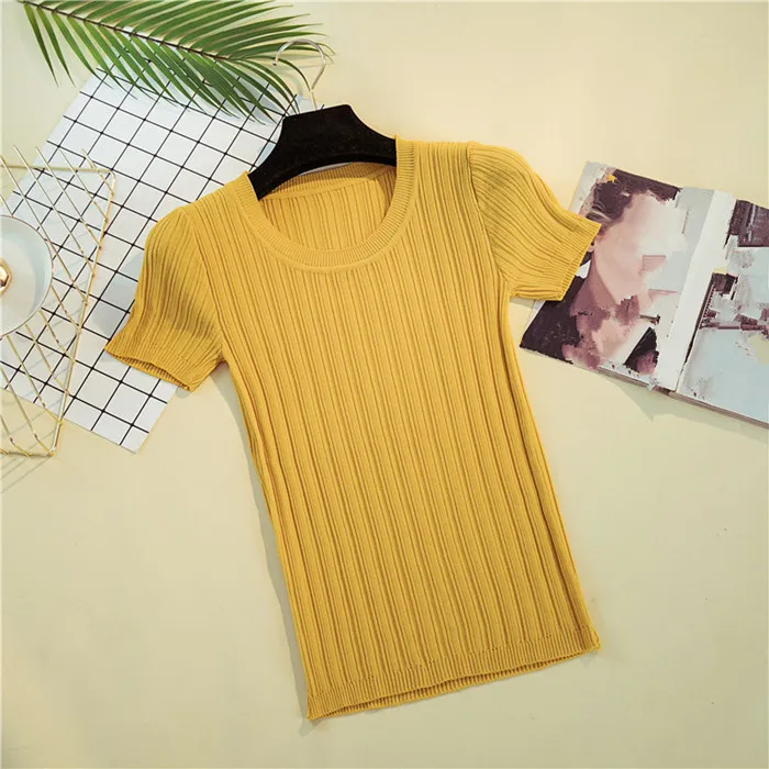 67363 yellow Neploe модная Корейская летняя Однотонная футболка Новое поступление футболка с коротким рукавом тонкие женские футболки с круглым вырезом Трикотажные топы 67363 - Цвет: 67363 yellow