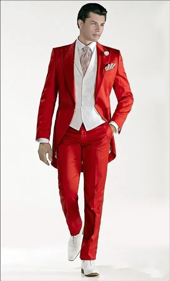 

2015 Custom Made Morning Style Groom Tuxedos Peak Lapel Men's Suit Red Groomsman Wedding/Prom Suits ( jacket+Pants+vest+tie)