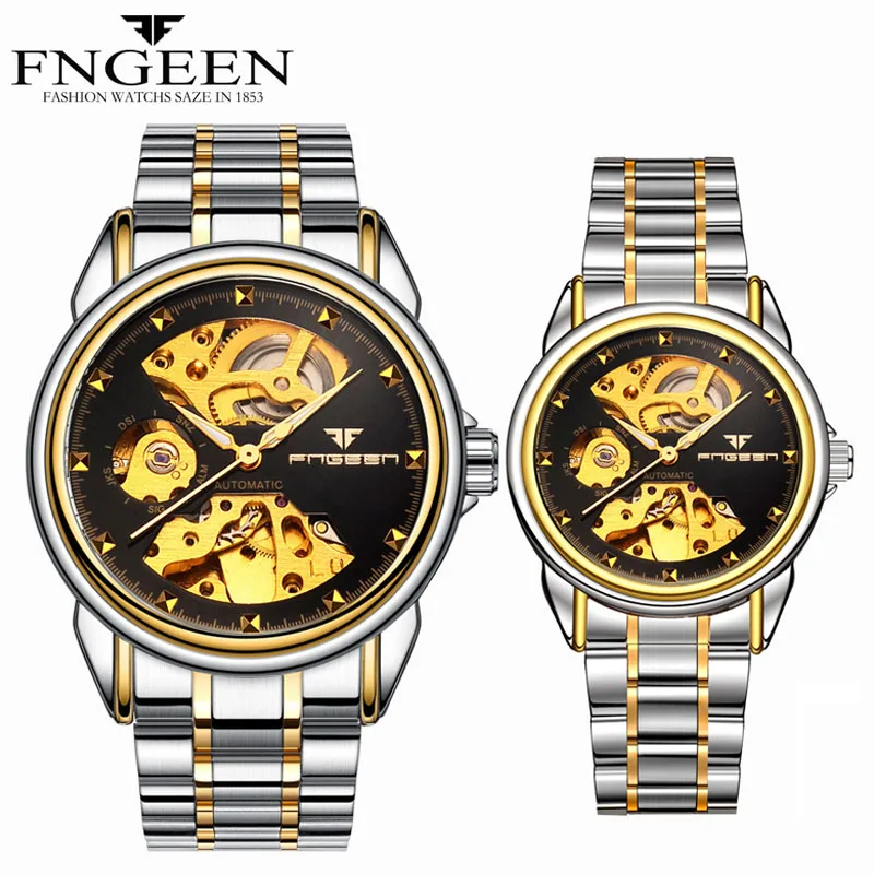 Couple Two-toneBlack Reloj Mujer Tourbillon наручные часы со скелетом для женщин Horloge 30 м Водонепроницаемые стальные автоматические часы для мужчин часы для влюбленных - Цвет: Couple Two-toneBlack