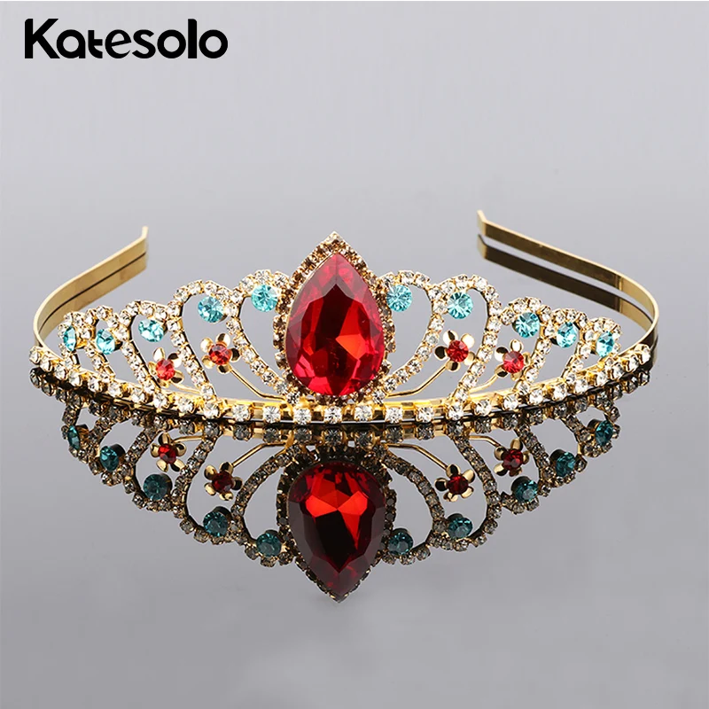 

Romantic Wedding Bridal Hair Jewelry Crown Tiara Gold Color Red Water Drop Crystal Rhinestone Hairbands