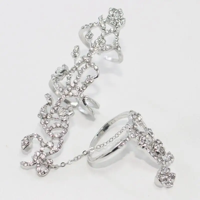 New Fashion Chain Link Ring Full Rhinestone Vintage Flower Double Finger Rings For Women Girl Party Jewelry Gift Accessories | Украшения и