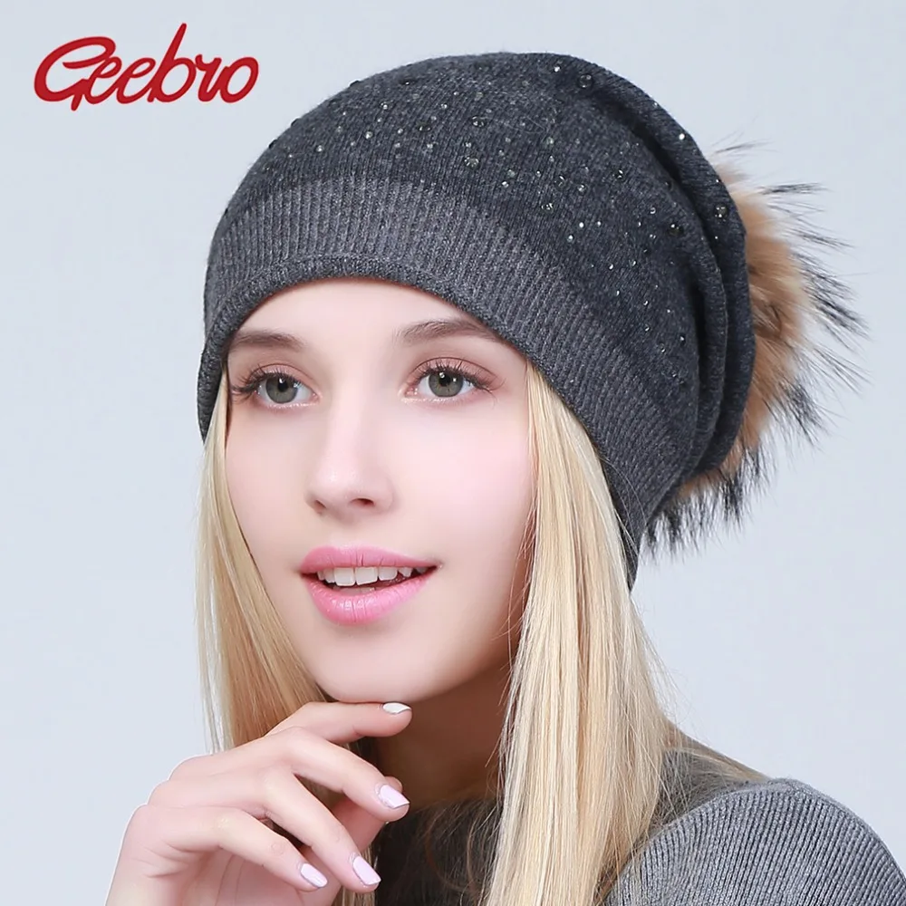 

Geebro Women's Wool Knitted Hat Winter Warm Cashmere Beanies with Raccoon Fur Pompom Ladies Solid Colors Cap with Rhinestones