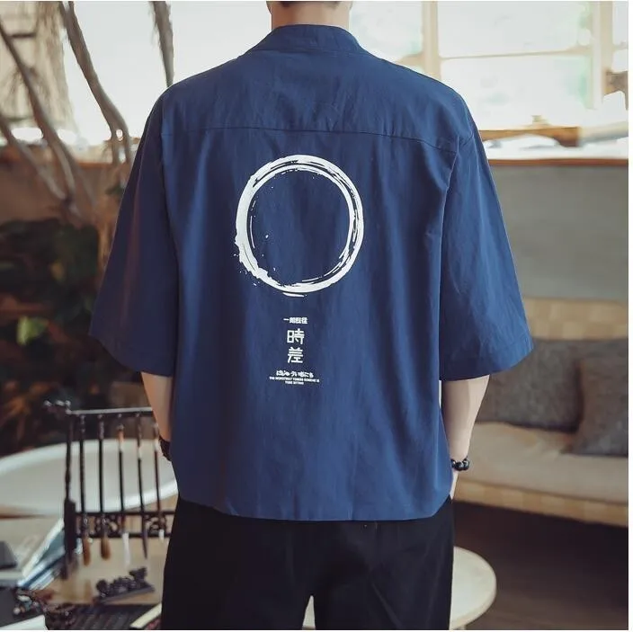 HF03 dark blue 4206 летнее винтажное хлопковое льняное кимоно куртка для мужчин размера плюс 5XL тонкий солнцезащитный кардиган кимоно пальто Половина рукава верхняя одежда - Цвет: HF03 dark blue