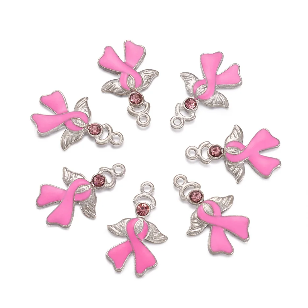 

10pcs Pearl Pink Alloy Rhinestone Enamel Breast Cancer Awareness Ribbon Charms with Angel Wing Pendants For Jewelry Making Gift
