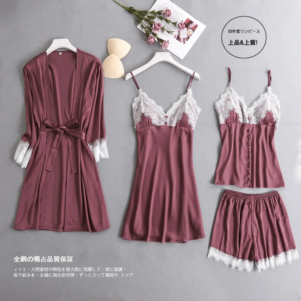 Комплект одежды из 4 предметов: халат + ночная рубашка топ шорты Шелковый Атласный