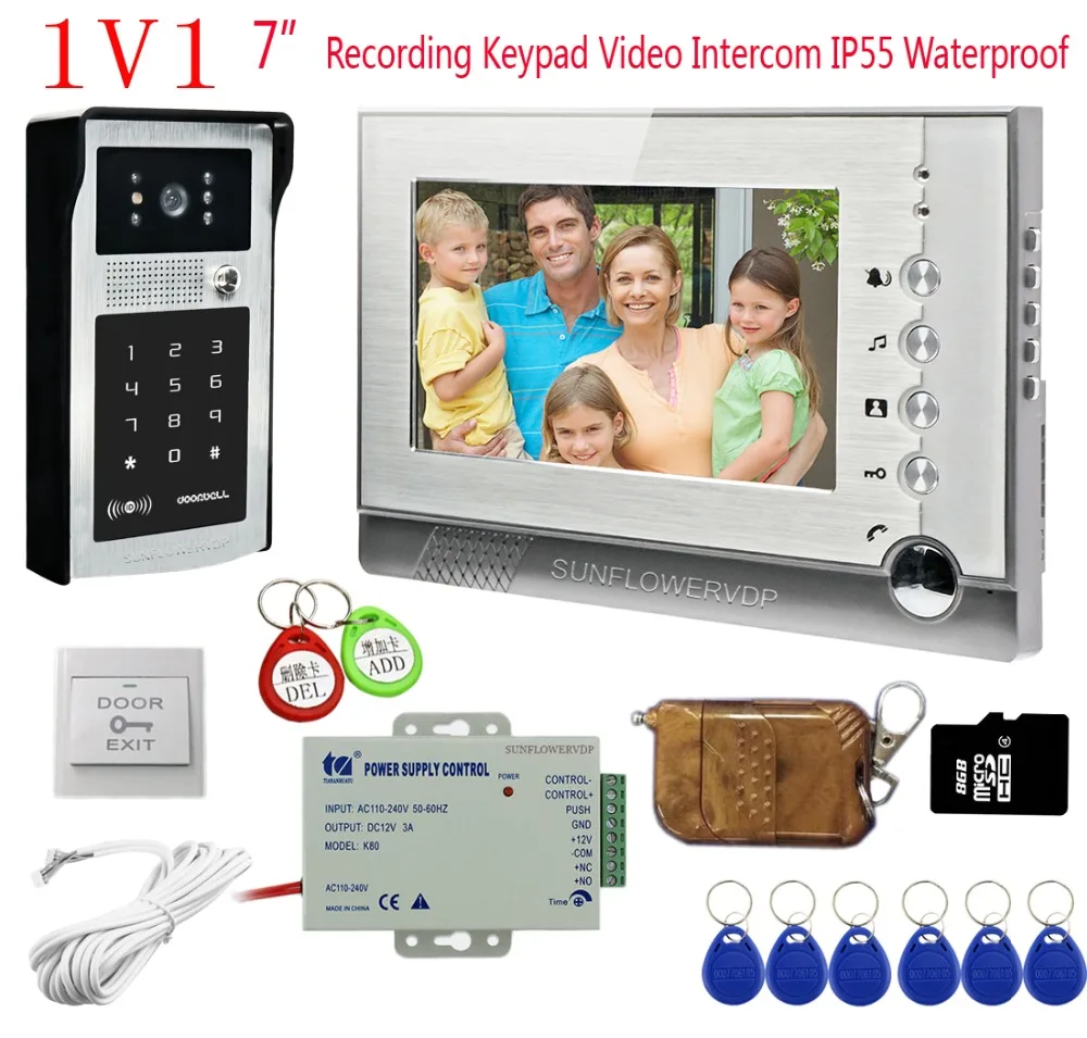 

8GB SD Recording Video Intercom 7" Color Monitor Rfid Keyboard Doorphone Call Panel Door Bell+Remote Control Intercom Electronic
