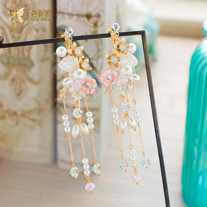 Модные длинные серьги Клип Кристалл Rhinestone Цветочный жемчуг девушка ювелирные