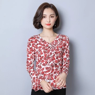 2017 Осень Женская туника блузки с длинным рукавом цветочный принт шифоновая