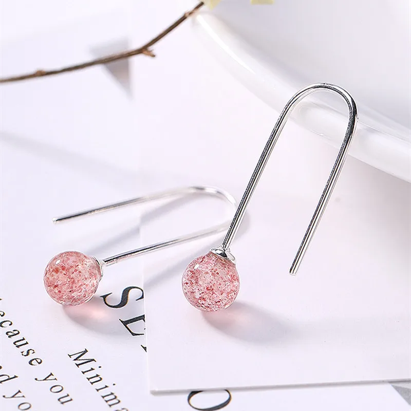 Женские серьги из серебра 100% пробы с натуральным розовым клубничным кварцем |
