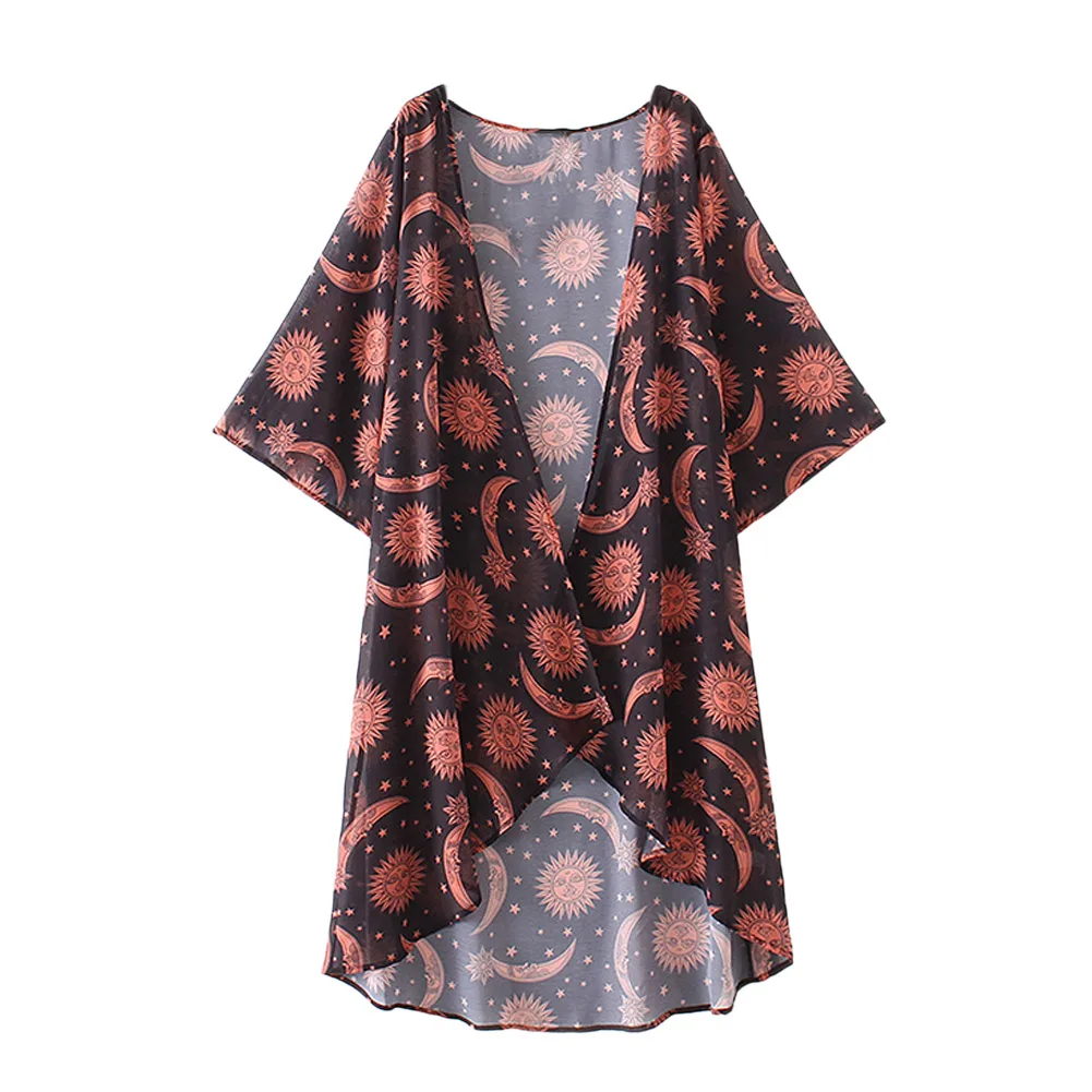 Женское шифоновое кимоно с асимметричным подолом красное свободное пляжное