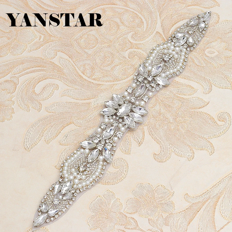YANSTAR (1 PCS) Hand Bridal Rose Gold Crystal Rhinestones Appliques Sewing On For Wedding Dress Sash DIY Bridal Gown YS871