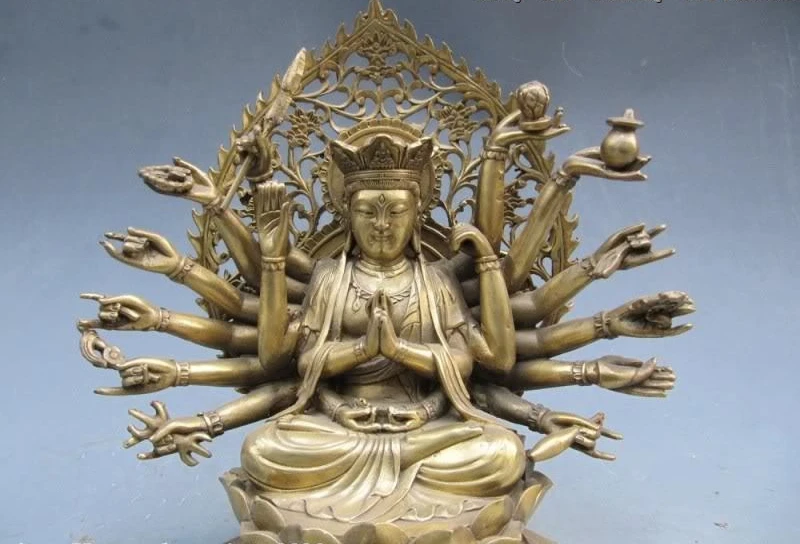 Тибетский ремесленник из чистой латуни 18 рук Avalokitesvara Kwan-Yin Будда | Дом и сад