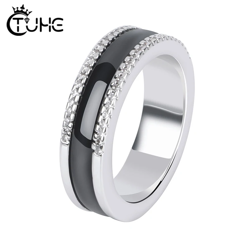 

Two Row CZ Crystal Women Rings Never Fade Black White Ceramic Healthy Jewelry Women Jewelry Gift