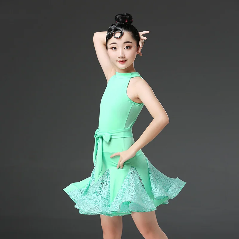 2019 New Children'S Latin Dance Dress For Girls Sexy Lace Black Green Sleeveless Ballroom Performance Dancing Dresses DL3604 |