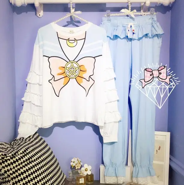 Blue Long Sleeve Set Весна лето, хлопковая рубашка, женская рубашка Сейлор Мун - Цвет: Blue Long Sleeve Set