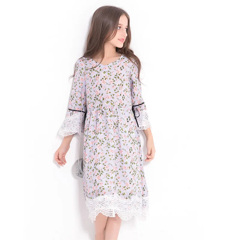 

European and American Wind Girls Floral Dress Lace Teen Dresses Pastoral Style Children's Autumn Flare Sleeves Vestidos Teenage