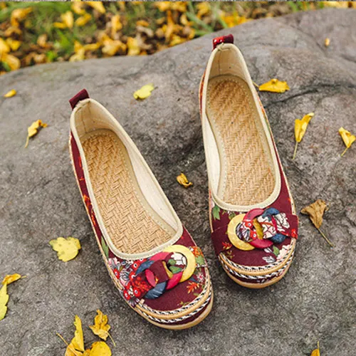 Model 5 Brown Veowalk/женские парусиновые балетки на плоской подошве с ремешком, украшенным бусинами; Разноцветные модные женские туфли ручной работы на шнуровке сзади; цветочный из хлопчатобумажной ткани - Цвет: Model 5 Brown