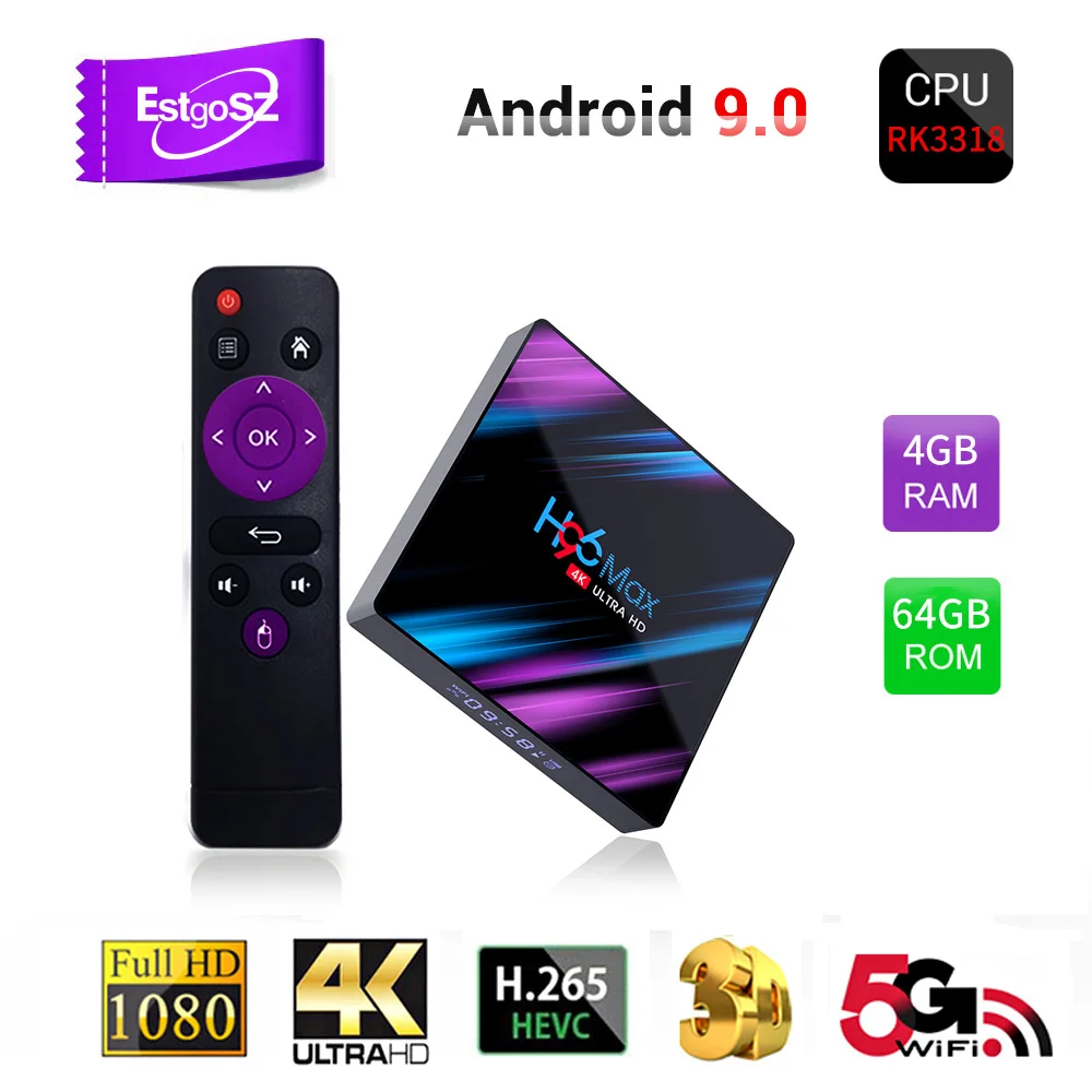 Смарт ТВ приставка EstgoSZ H96 на Android 9 0 процессор RK3318 Penta Core Mali450 GPU 4K 3D 2 ГБ 16 4 32/64 4/5 Wi