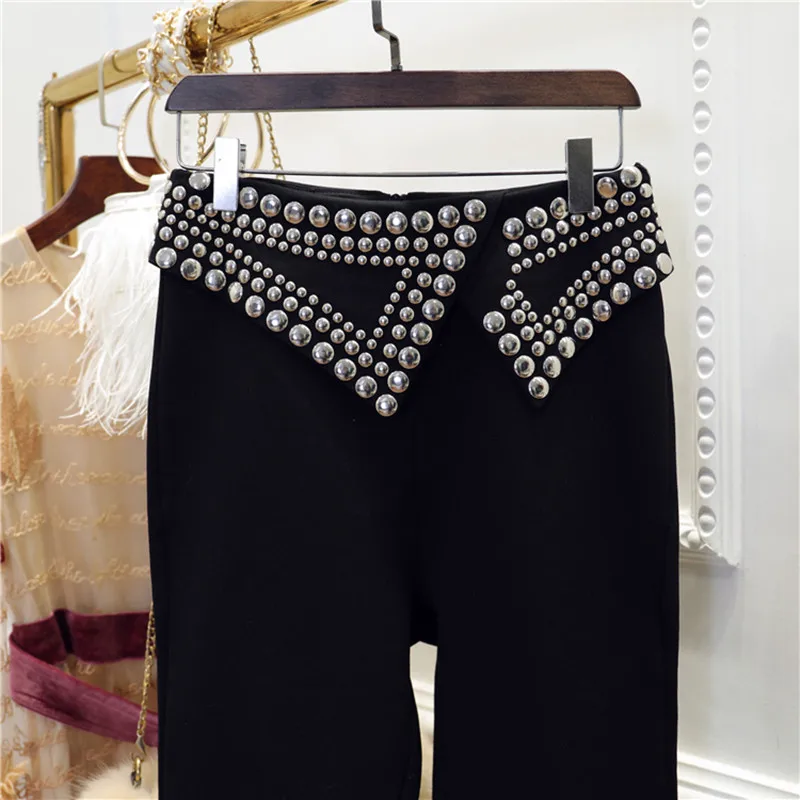 

2020 Spring Women Slim Trousers New Heavy Beading Irregular Lapel Rivet Thin Wild Fashion Pants