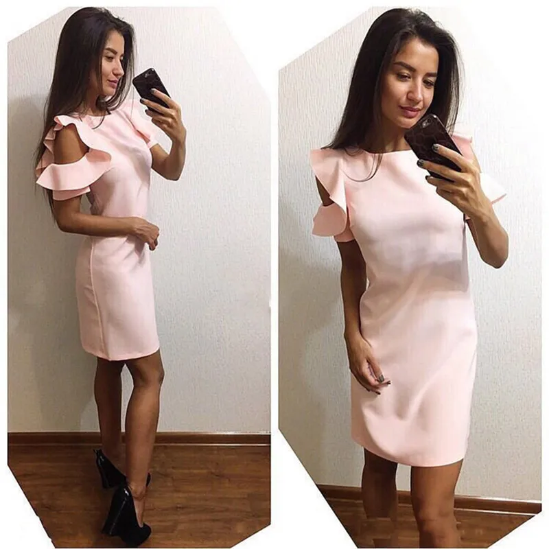 Женское летнее платье с рукавами лепестками облегающее мини сарафан туника