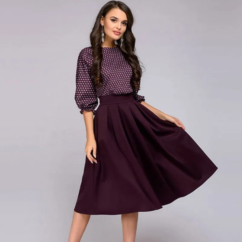 Nitree 2018 Women Elegent Three Quarter Sleeve A-line Dress Sexy O Neck Vintage Print Party Autumn Casual Vestido | Женская одежда