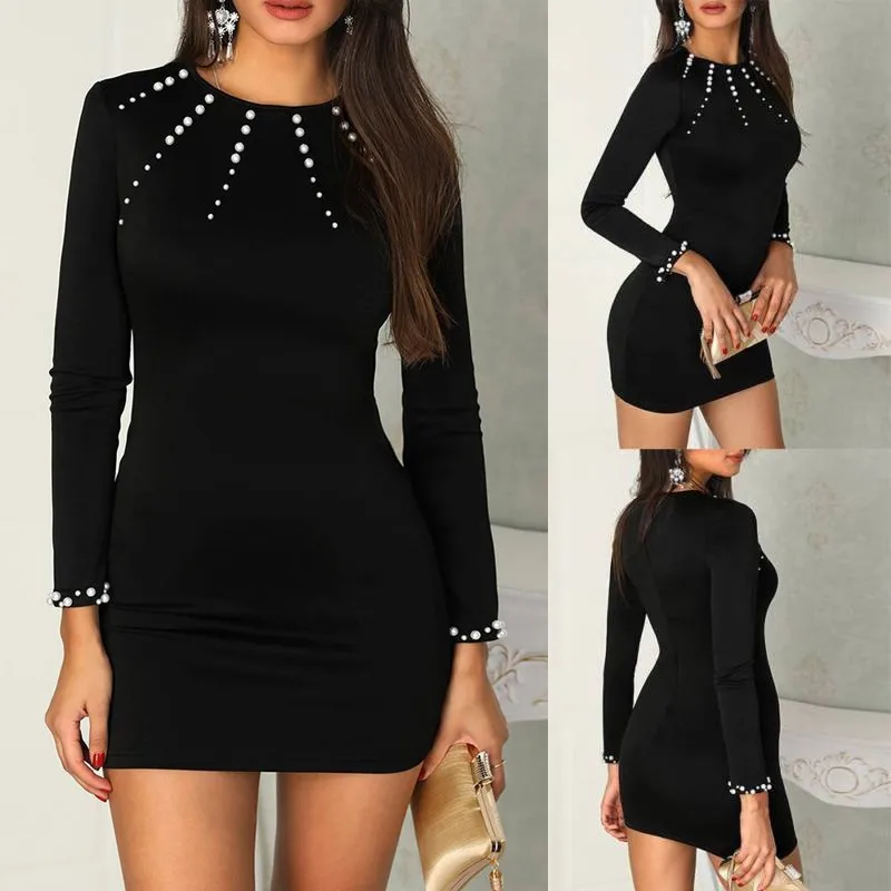

Feitong Black Pearl Beading Party Dress Ladies Solid Bodycon Mini Dress Winter Long Sleeve Women Elegant Short Dress