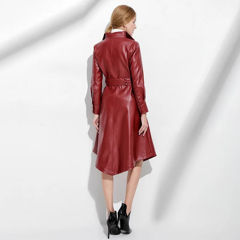 Fashion Autumn Winter Women Coats 2018 Red Black Casual Turn-down Collar PU Faux Leather Jacket Long Coat Office Outwear Coats