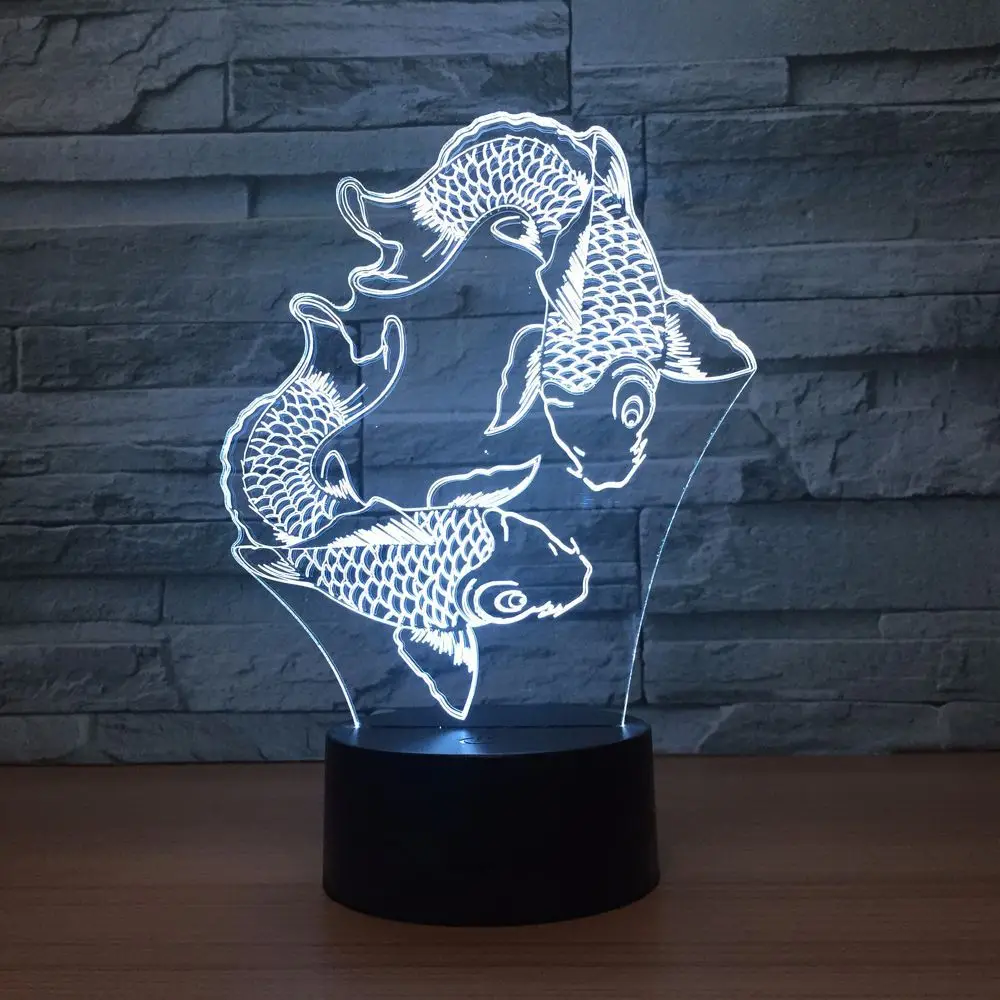 

Two Cyprinoid Fish Night Light Creative Seven Color Touch Usb Led Light Fixtures Lovely 7 Color Change 3D Lamp Home Office Lamp