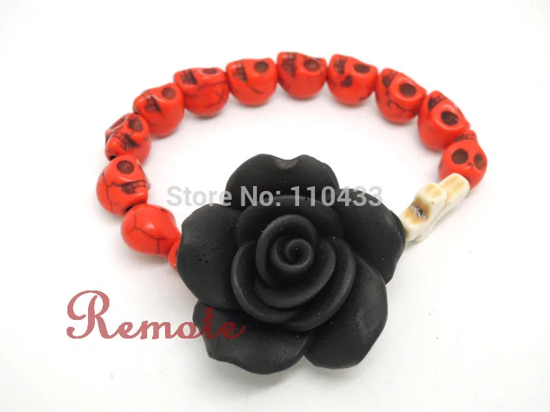 Красный сахарный череп с глина Большой Черная роза крест День мертвых браслет