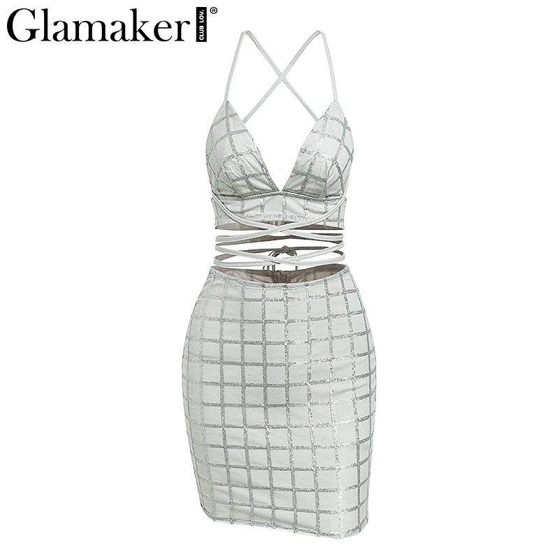 Glamaker Sequin клетчатое кружевное сексуальное платье женское без спинки комплект из