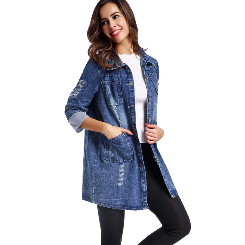 Новое Отверстие Джинсовые Куртки 2017 Весна Негабаритных Джинсы Куртка С Длинным