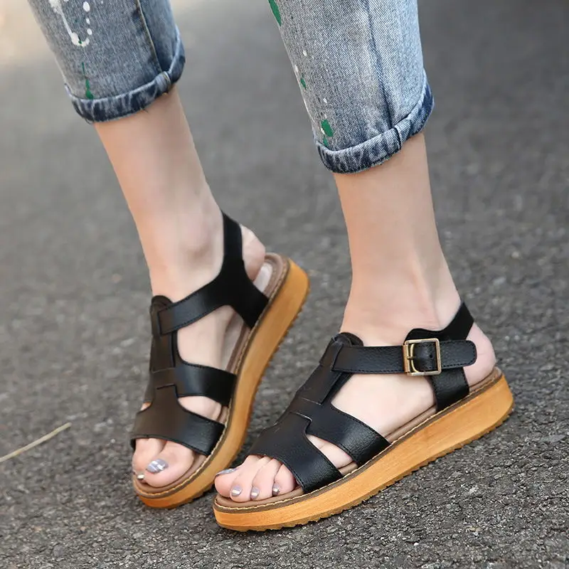 Женские летние сандалии гладиаторы на платформе с пряжкой повседневные Черные