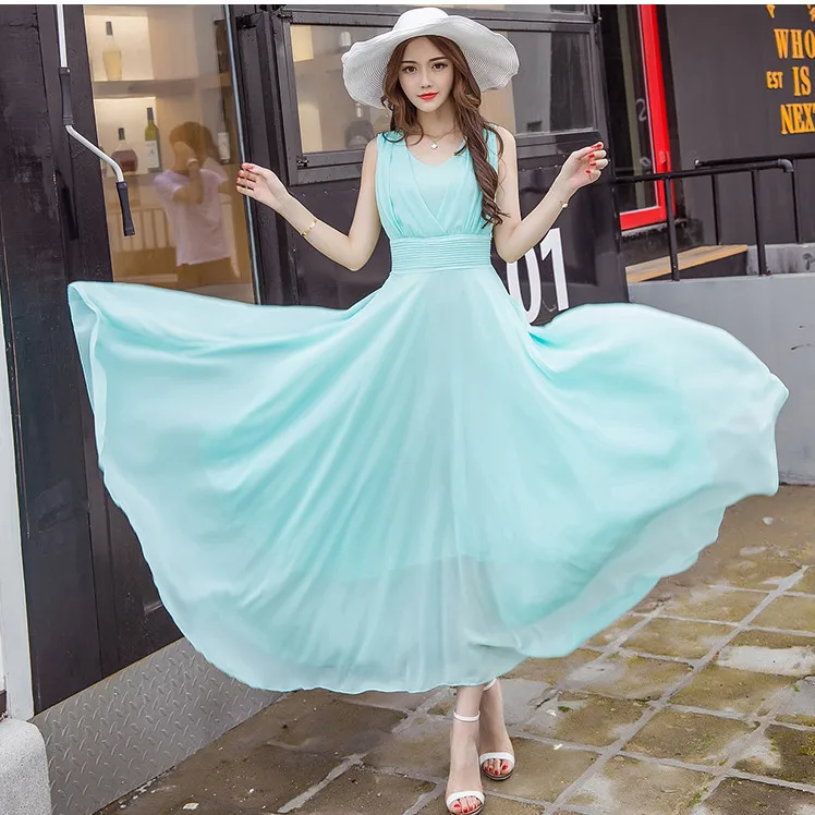 Летние макси платья модное без рукавов Белый Зеленый Желтый Boho богемное пляжное шифоновое длинное платье плюс размер 5XL Vestidos - Цвет: Light Blue