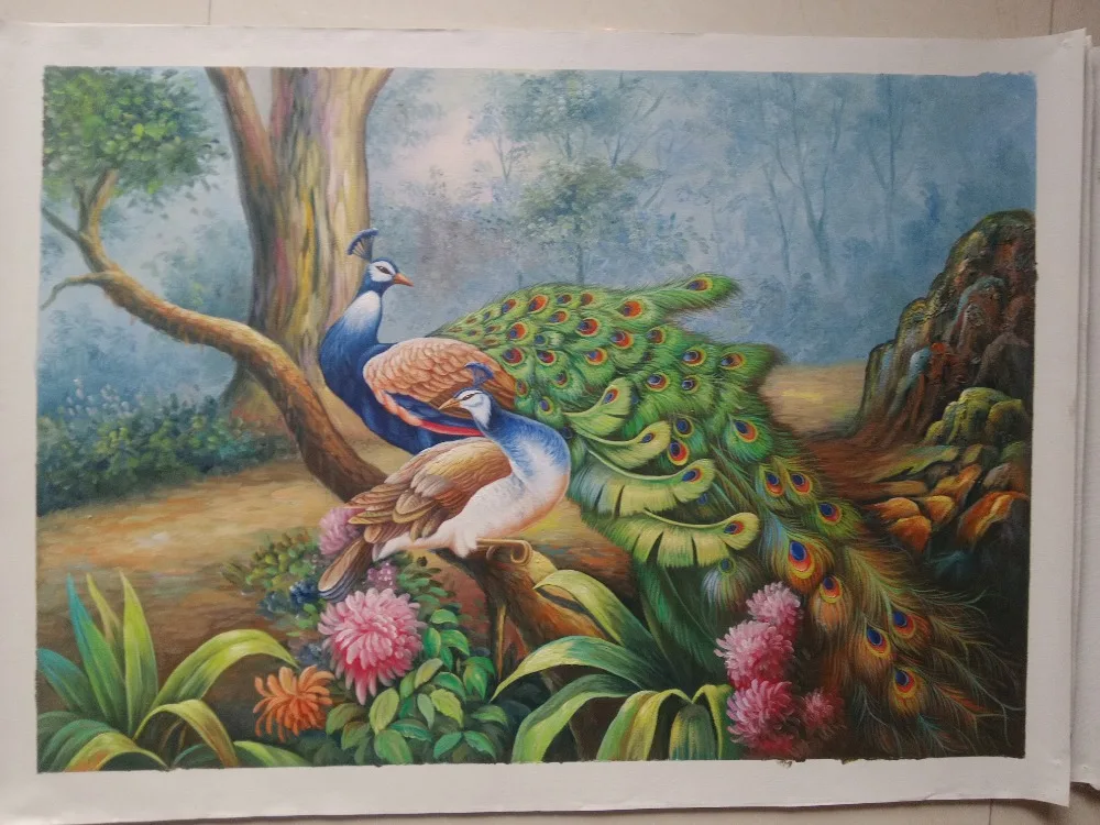 100% роспись вручную животное буксировка павлин дерево пейзаж чистая ручная