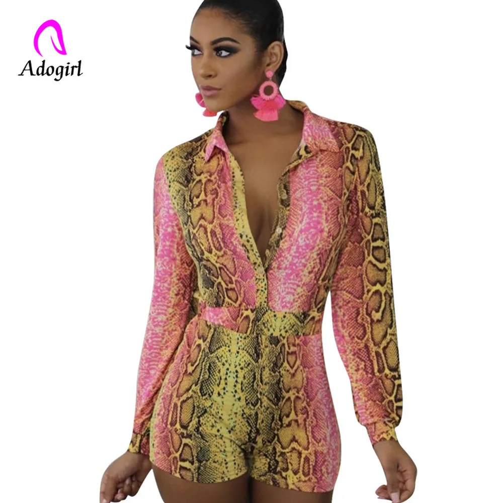 Women Work Jumpsuit Serpentine Printed Long Sleeve Playsuit Spring Turn Down Collar Button Up High Street Party Short Overall | Женская