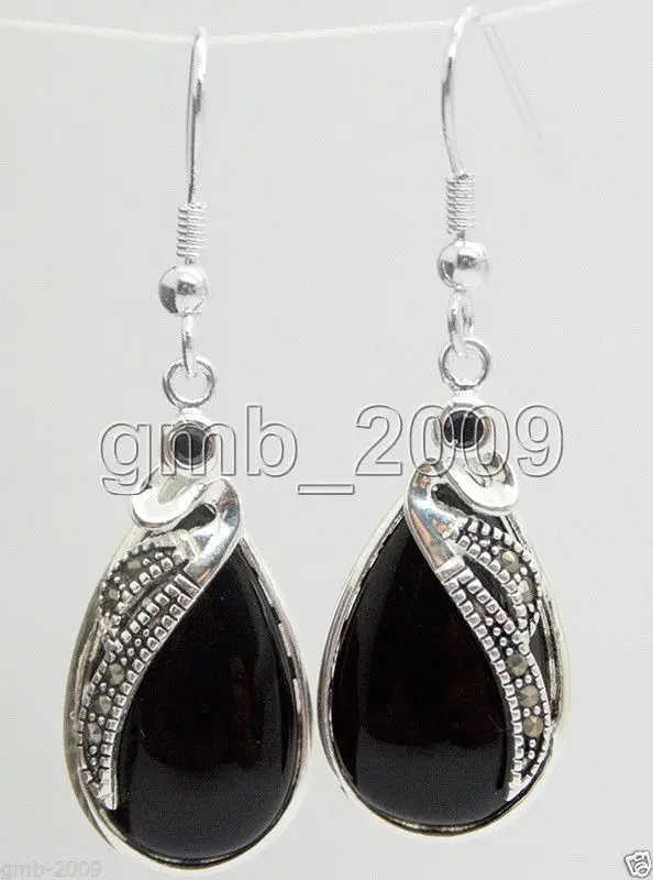 

Hot selling> 925 Sterling Silver Natural Black Agate Gems Marcasite Dangle Hook Drop Earrings -Bride jewelry free shipping