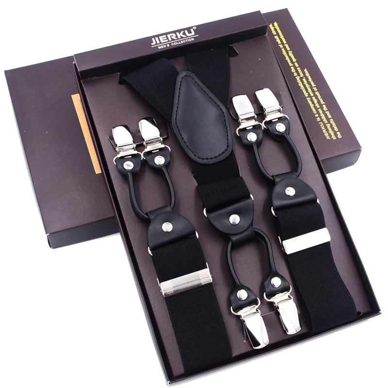 

Extra Large Suspenders Black leather 6 Clips Braces Casual Suspensorio Tirante Trousers Strap Father/Husband's Gift 3.5*160cm