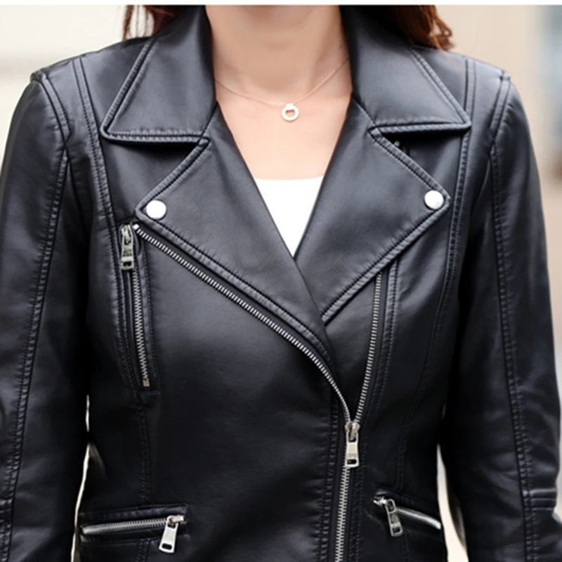 Летнее женское короткое черное мотоциклетное пальто из искусственной кожи осень