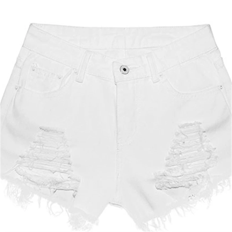 Europe Summer Fashion S-2XL Short Jeans Woman Pure Color White Slim Irregular Ripped for Women Holes Pockets Denim Shorts |