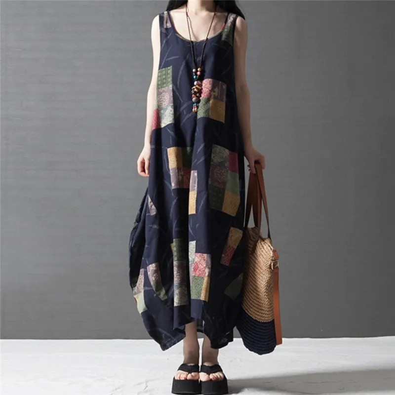 Женское летнее платье большого размера хлопковое льняное с принтом и круглым