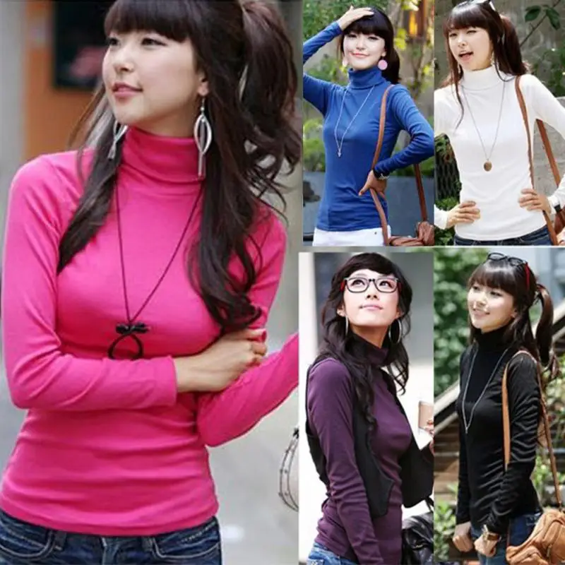 Осень зима 2019 женская футболка водолазка пуловер джемпер длинный рукав базовая