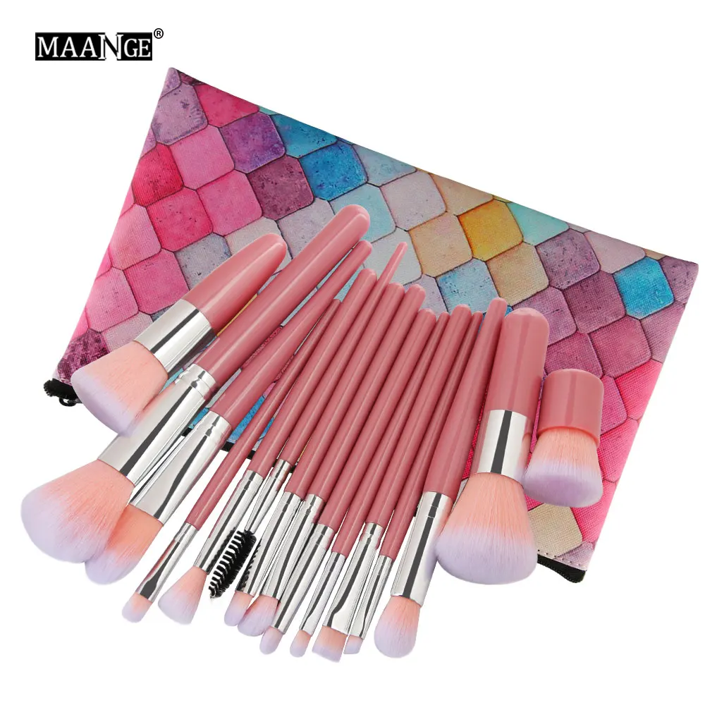 pink with bag MAANGE15Pcs набор кистей для макияжа Пудра Тени для век Контур смесь румяна губ красота Косметические мягкие синтетические волосы из искусственной кожи чехол - Handle Color: pink with bag